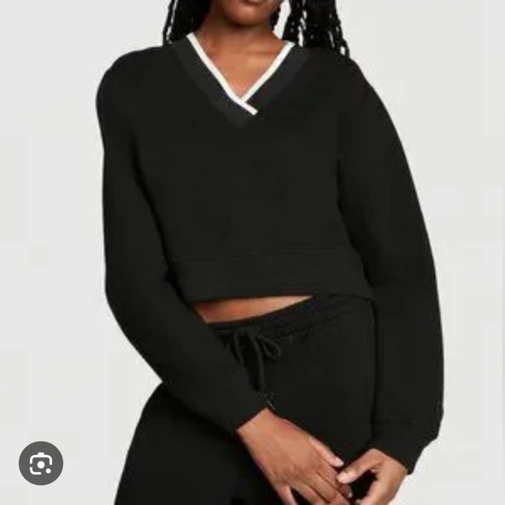 pink victoria’s secret black v-neck sweatshirt white trim logo sleeve